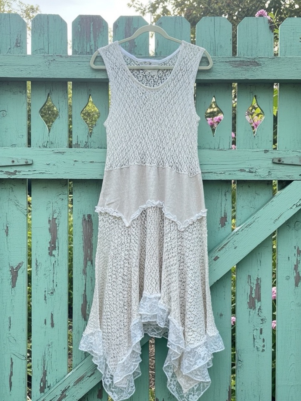 POL Cream Lace Knit Handkerchief-Hem Coastal Crochet Cotton Dress NWOT